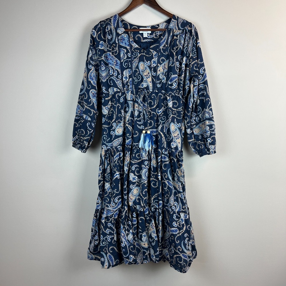 Myra Bag Maxi Dress Womens XL Navy Blue Paisley Boho Western Country Long Sleeve